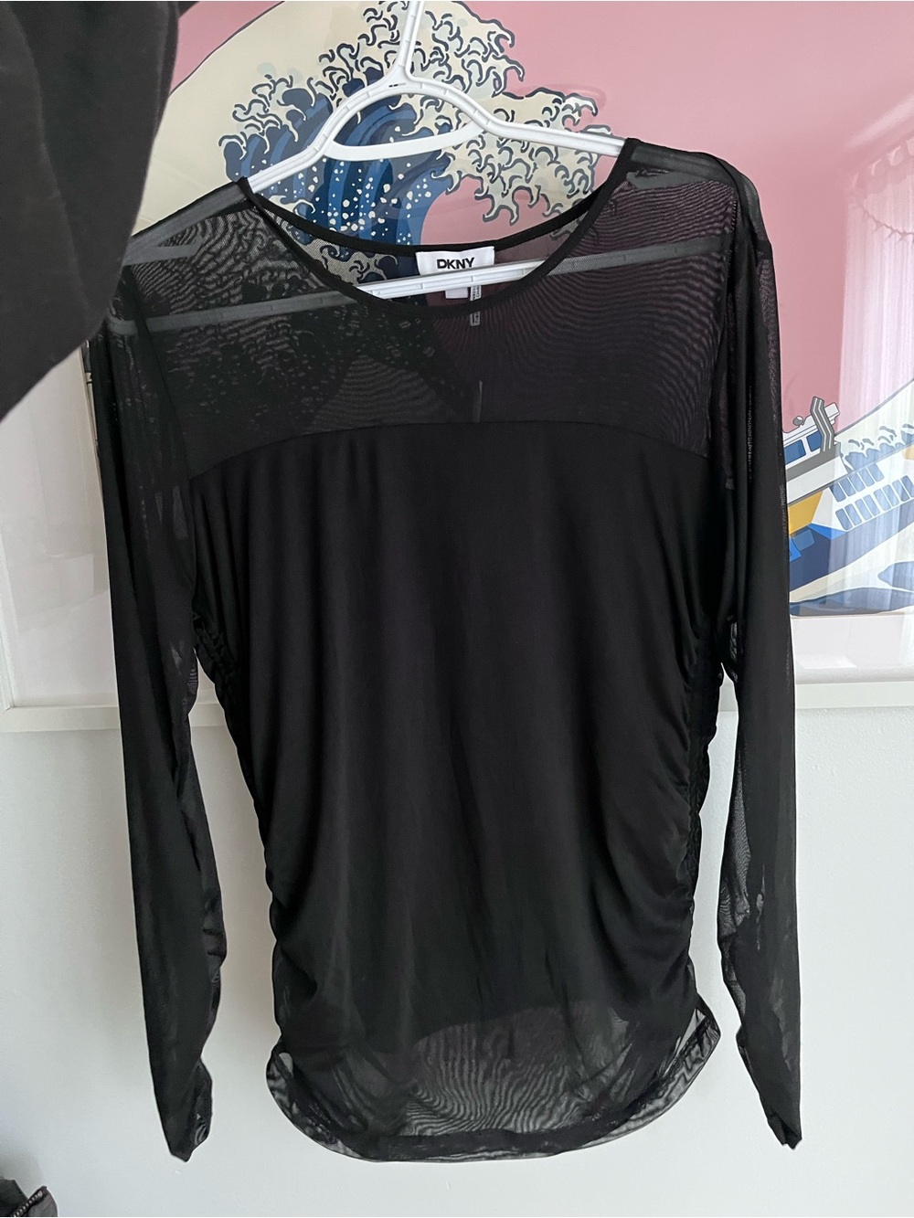 DKNY Black Sheer Long-Sleeve Mesh Panel Top